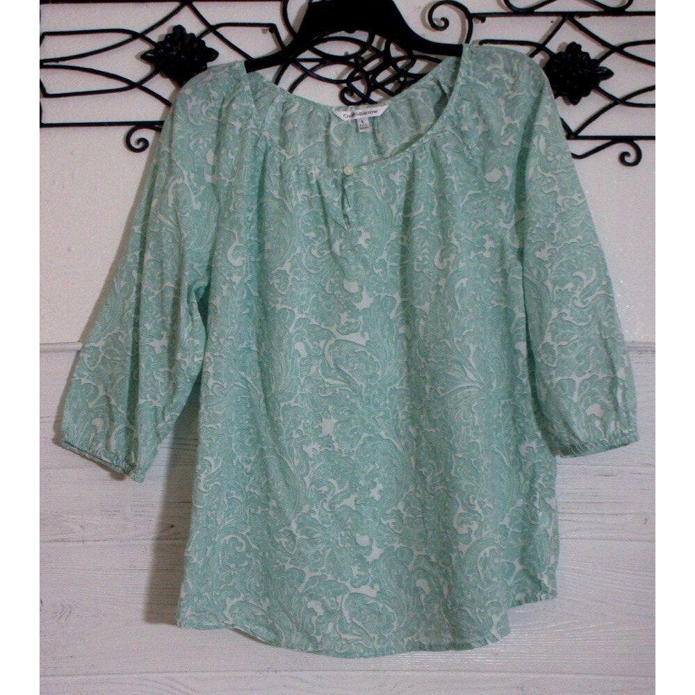 Croft & Barrow Women's Top Size L Long Sleeve Green Floral Round Neck